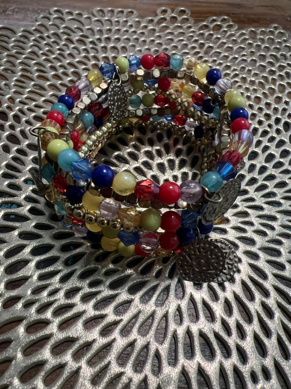 Multicolor Beaded Coil Bracelet with Charms - Women Jewelry- stretchy